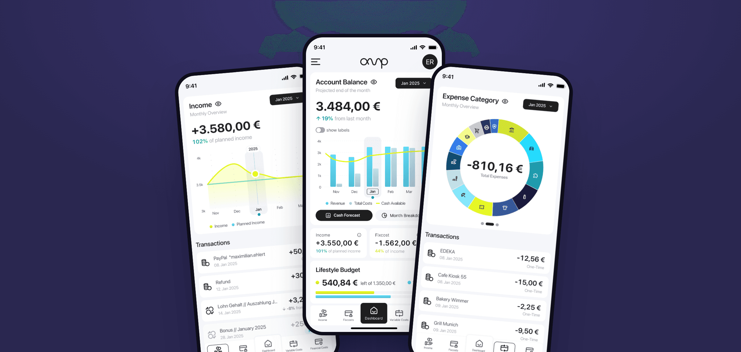 Amplitude app: income, dashboard and expense screens
