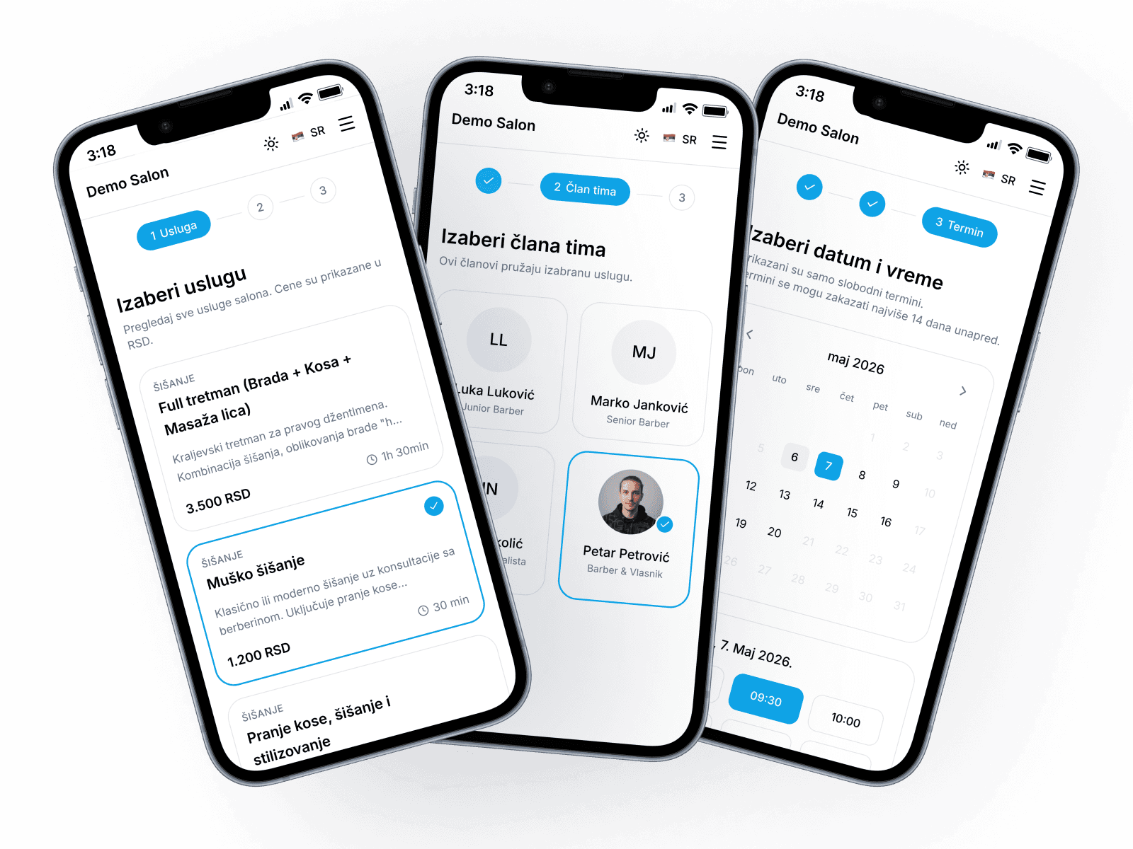Bukiraj booking flow: choose a service, a team member and a time