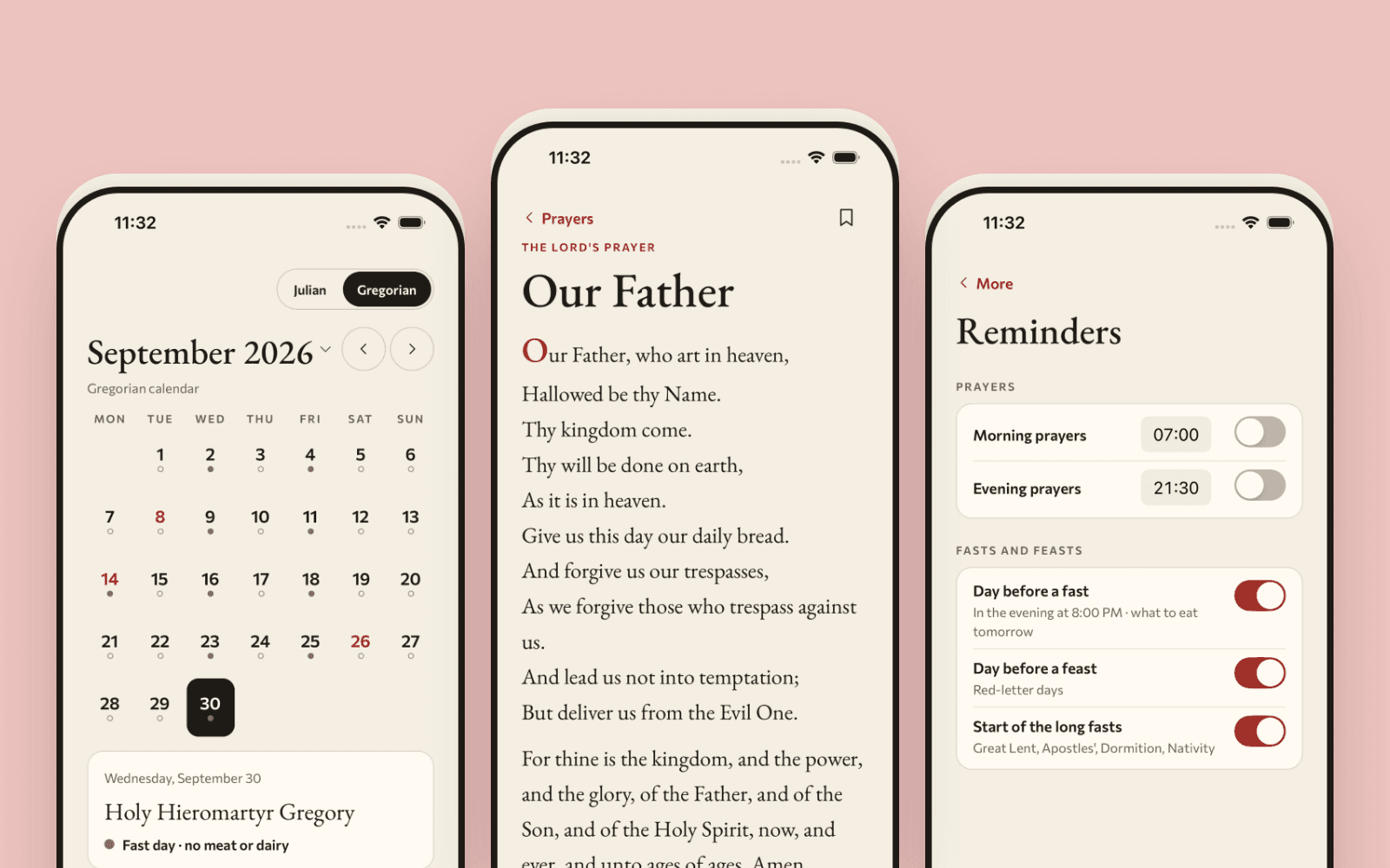 Kellion app screens: calendar, prayer, reminders