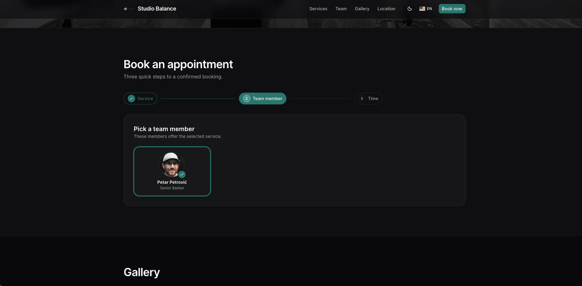 Bukiraj booking, step 2: pick a team member