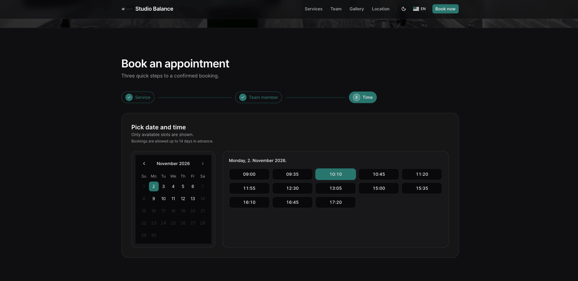 Bukiraj booking, step 3: pick a date and time